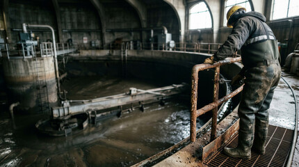 Fototapeta premium A worker inside a sedimentation tank at a wastewater treatment plant during maintenance, with space for text 