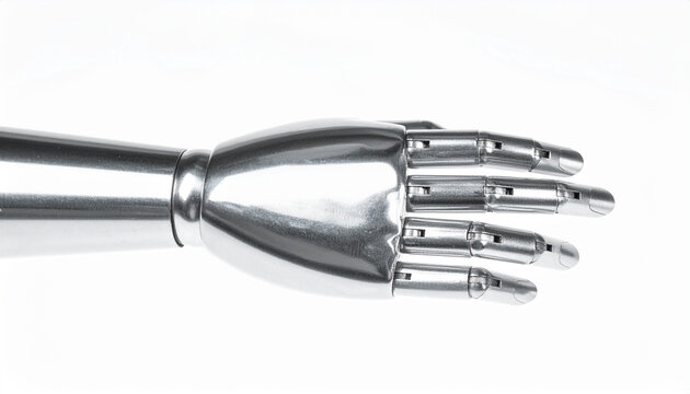 Polished chrome robotic hand with articulated fingers reaching forward