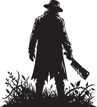 Silhouette of man with machete, black illustration, horror character, vector graphic