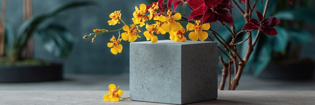 Yellow orchid arrangement displayed on concrete cube in studio