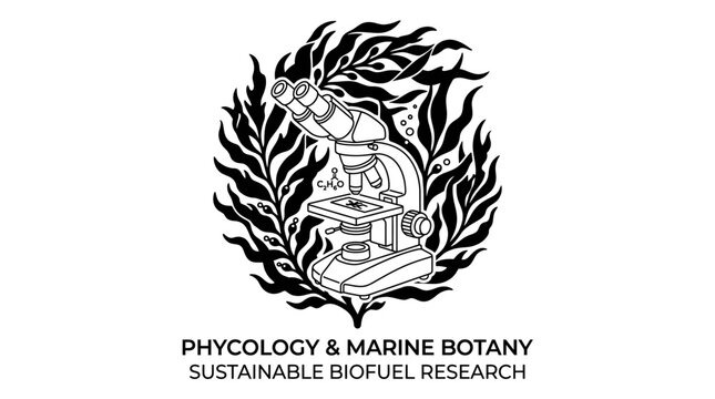 Minimalist Kelp Algae Silhouette and Microscope Line Art Vector
