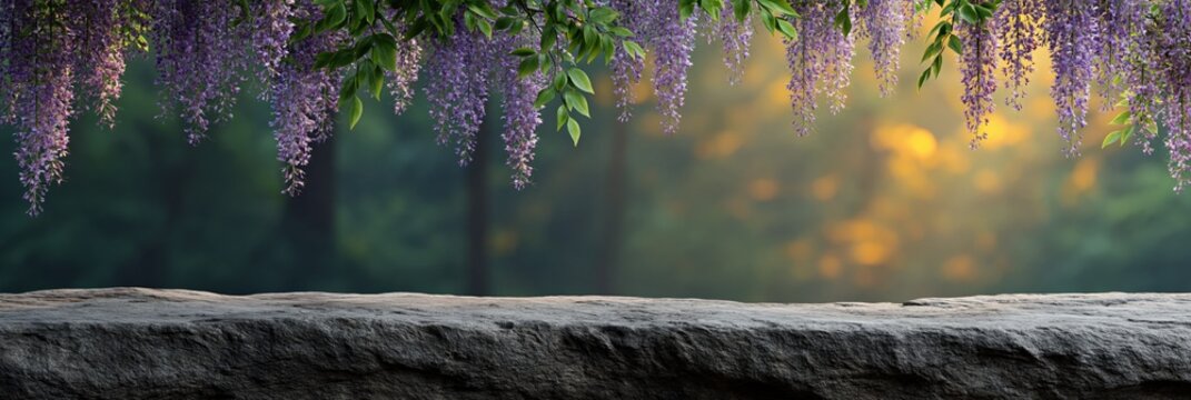 Purple wisteria hanging above stone ledge at sunset