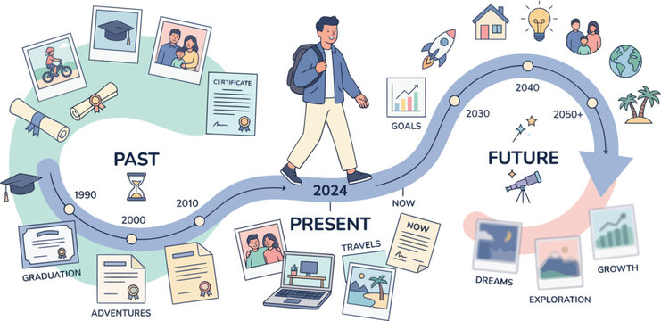 Timeline, infographic elements, education icons, future and past concept, vector illustrations