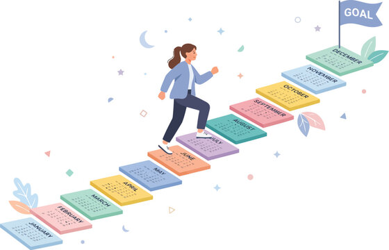 Business goal achievement, woman stepping on colorful books to reach target, motivation and success concept, vector illustration