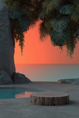 Naklejka premium Wooden platform beside pool with overhanging tropical foliage