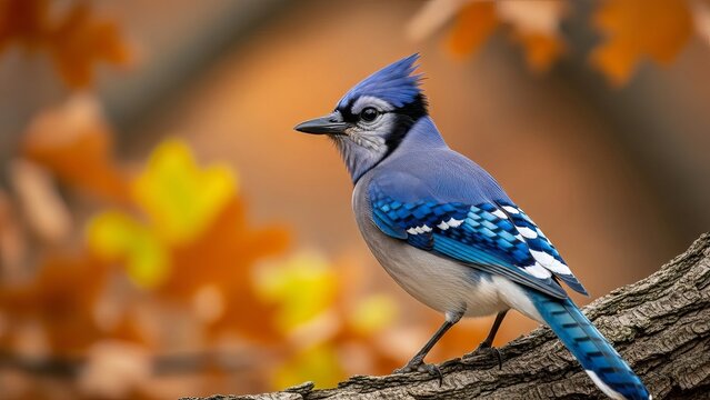 A blue jay perched on a tree branch with autumn leaves in the background
