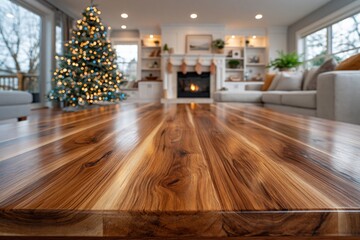 Naklejka premium Polished wooden table foreground in decorated living room
