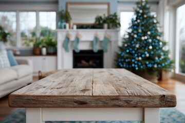 Naklejka premium Wooden table closeup in living room with christmas decor