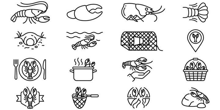Crawfish and lobster linear icons set illustrating fishing harvesting cooking seafood dining and marine life in flat black outline style.