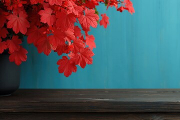 Fototapeta premium Red maple branches cascading over wooden countertop background