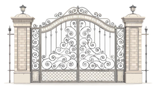 Ornate metal gate with stone pillars