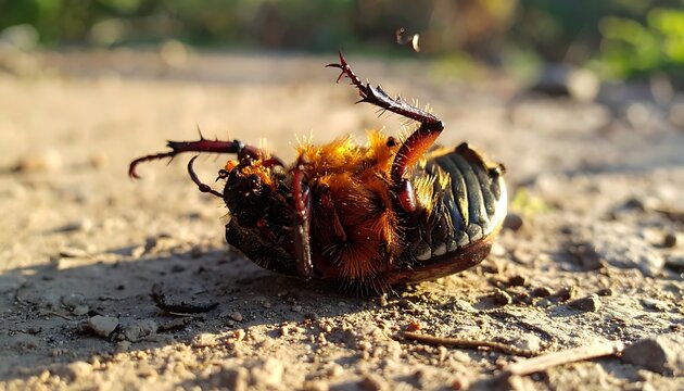 Dead beetle on sandy ground outdoors.