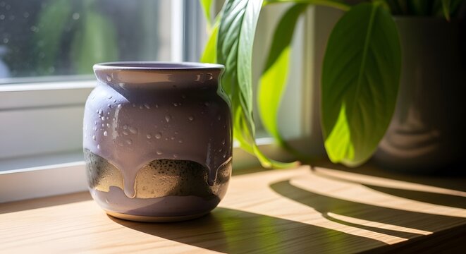 Ceramic pottery vase on wooden surface with lush green leaves