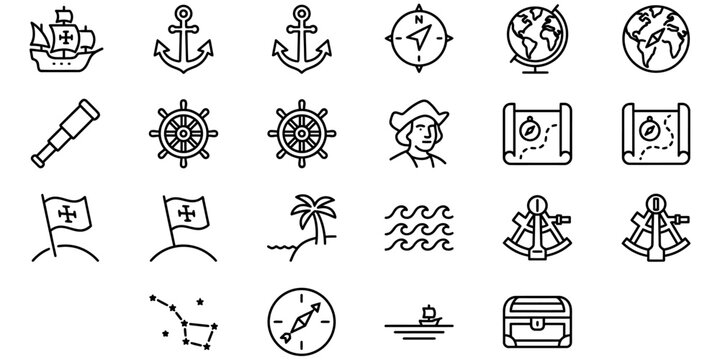 Collection of nautical exploration icons including ships, compasses, spyglasses, maps, anchors, globes and flags for adventure and discovery themes.