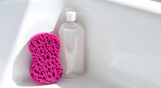 Clean bathroom spa setup with soap dispenser and bath sponge