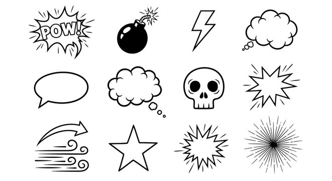 Comic style illustrations showcase various speech bubbles and action symbols including a skull and star on uiuhgv.