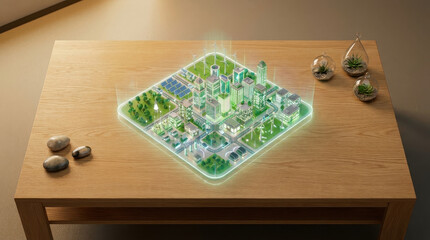 Fototapeta premium Smart urban development concept showing futuristic cities with green energy and sustainable design on wooden table with small plants and stones