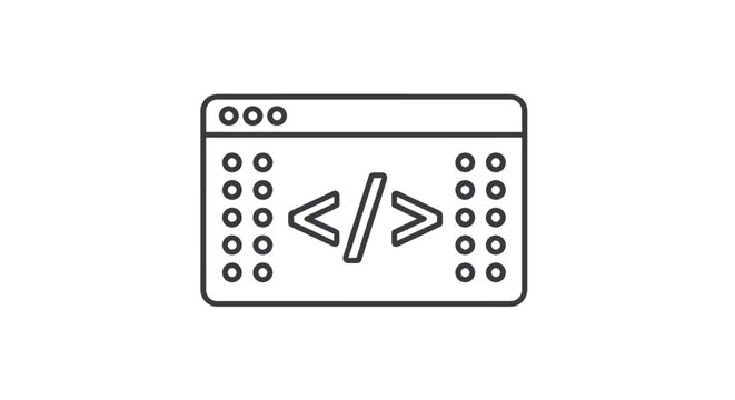 A simple line drawing of a web browser window displays code symbols on a plain background.