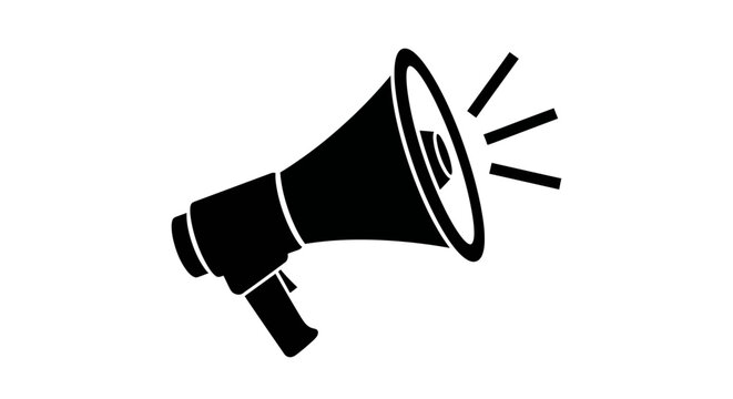A megaphone loudly announces an event with sound waves emanating from it.