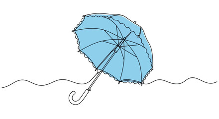 A blue umbrella stands alone on a windy beach shoreline. © Pata