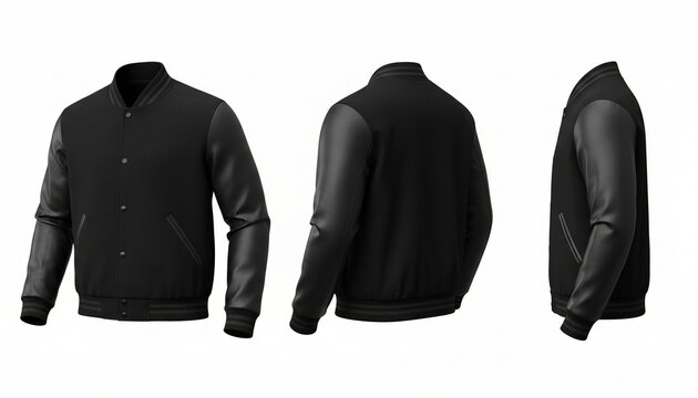 Black Varsity Bomber Jacket Front Back Side Isolated White Background Mockup Template Baseball Clothing