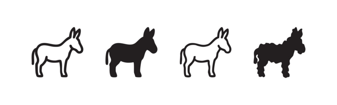 Four icons of a donkey, two outline and two solid black.