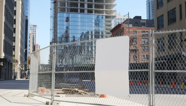 Blank empty signboard poster mockup on a construction site fence in a city street center