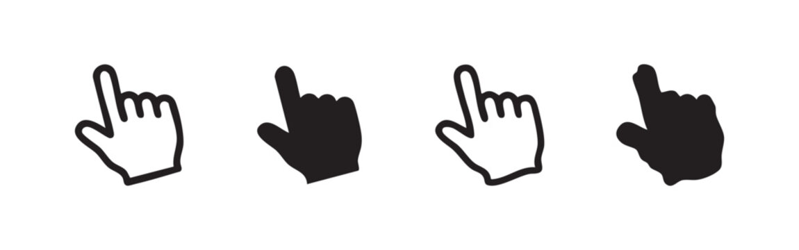 Four icons of a hand cursor, two outline and two solid black.