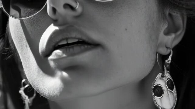 Black and white close-up of a woman's face. Sunglasses obscure her eyes, adding mystery. Earrings dangle prominently near her ear. Soft lighting enhances facial contours