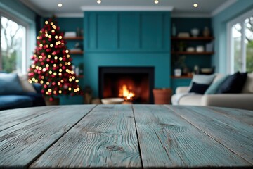 Obraz premium Wooden table in front of fireplace with christmas tree and cozy seating