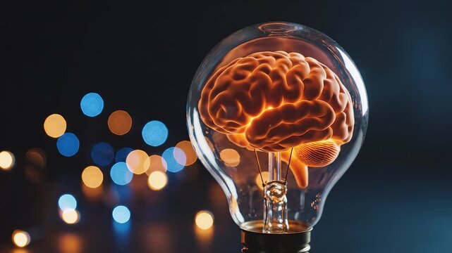 Light bulb with brain inside against bokeh lights highlighting geometric patterns and contemporary art
