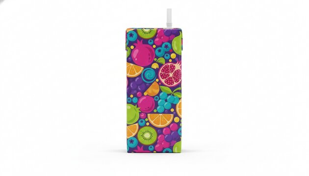 Colorful juice box mockup with vibrant fruit designs on a white background, offering a clean and modern format for branding and packaging designs