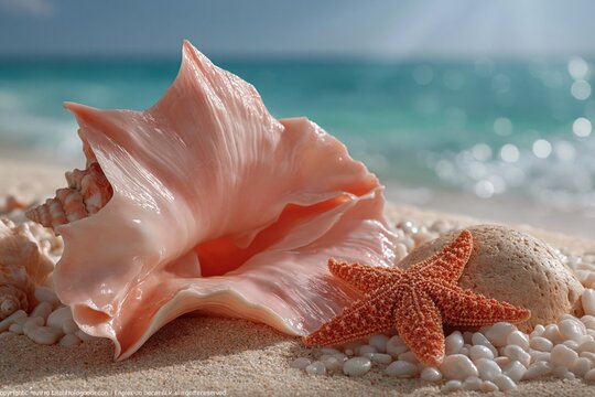 Pink conch shell and starfish resting on sandy beach shore