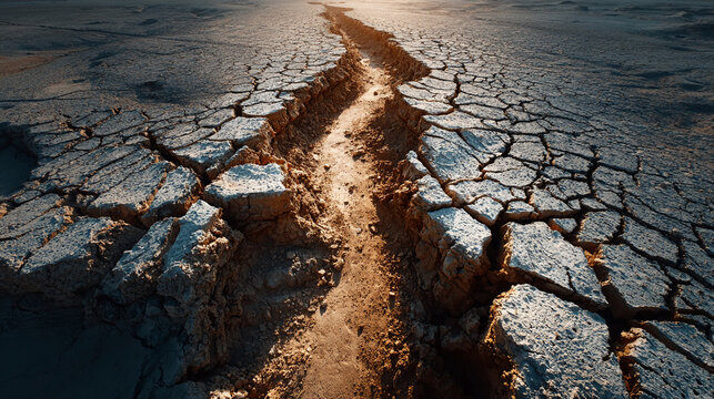 Earth ground shows deep fissures and cracked dry soil stretching across a barren landscape, illustrating the severe environmental impact of prolonged drought and lack of water on the natural terrain.