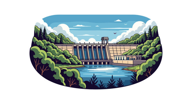 Vector illustration of a dam with flowing water and surrounding forest landscape