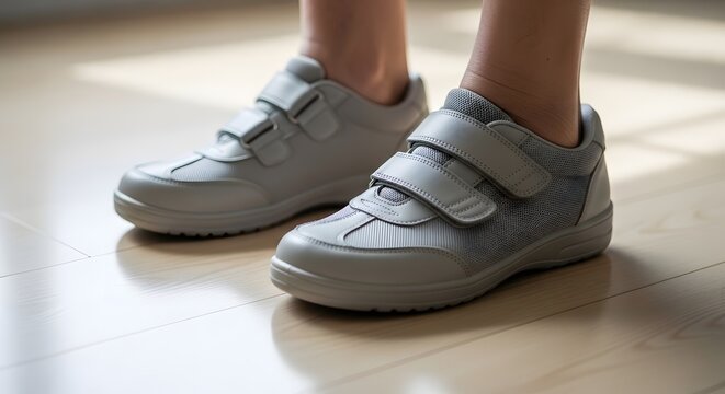 Close-up view of casual sneaker shoes on wooden floor