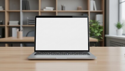 Fototapeta premium Laptop mockup, blank white screen laptop on wooden table with office room blur background
