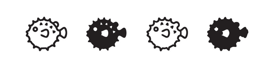 Four black and white pufferfish icons with different styles on white background © liubomir118809