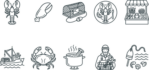 Lobster and seafood industry outline icon set featuring crab fishing boat market stall chef cooking for restaurant grocery marine tourism minimal UI vector design collection. © Ruksana Creatives