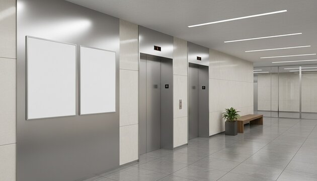 Mockup. Office wall poster mock up. Two blank white vertical rectangular posters near elevator lift in modern office lobby corridor interior