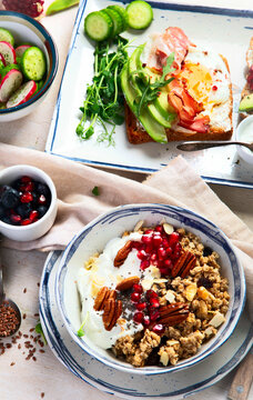 Extensive breakfast buffet with fresh products. Healthy breakfast.