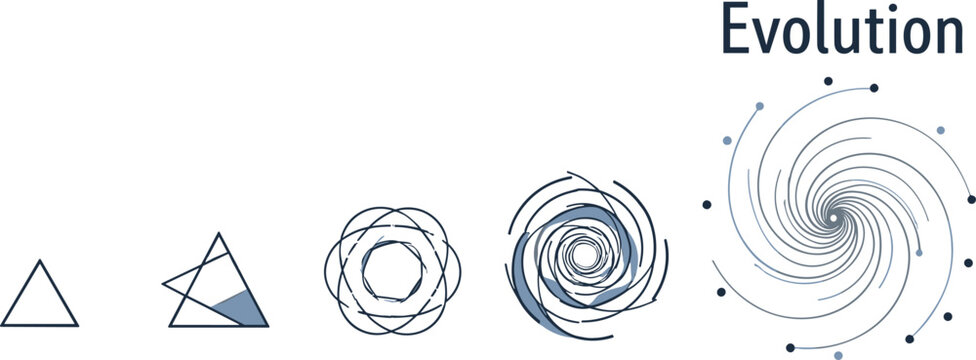 Minimal evolution concept illustration with geometric transformation spiral growth and progressive development symbols for modern abstract design projects