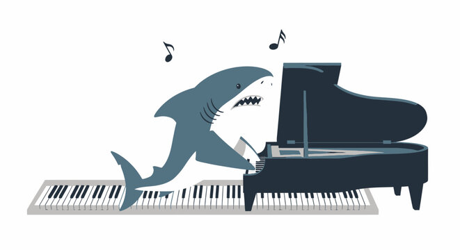 Cartoon shark playing grand piano with musical notes on white background