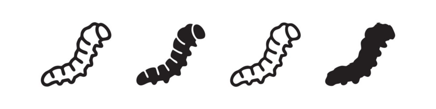 Set of four simple caterpillar icons in outline and silhouette styles