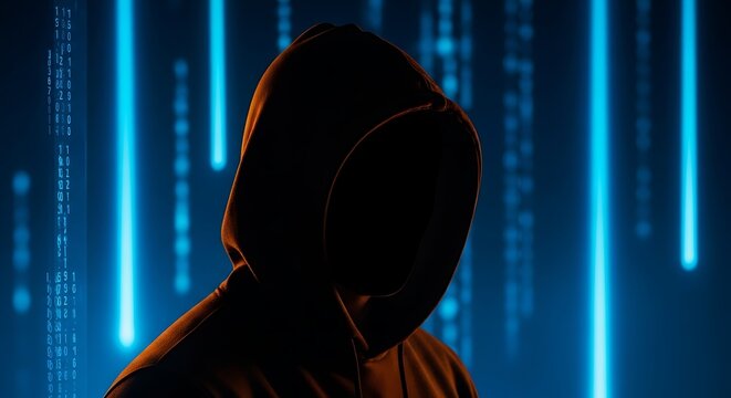 Person Wearing Hoodie Silhouette Against Digital Data Background Lighting