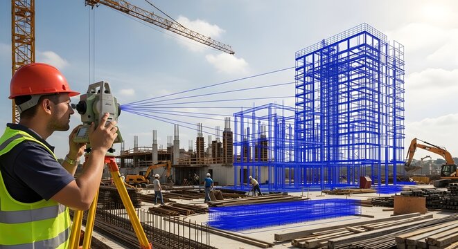 Construction Planning, Laser Measurement, and Engineering Blueprints Site