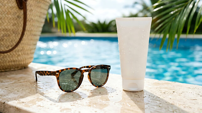Sunglasses and sunscreen on stone edge by poolside with palm leaves  