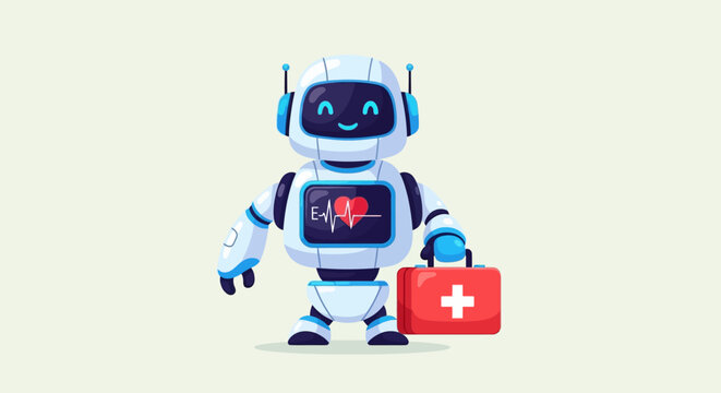 Friendly robot with first aid kit and heart monitor display