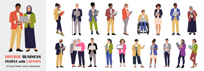Plakat Diverse business people with laptops set. Inclusive professionals of different ages, cultures and abilities using devices. Full body modern characters for corporate, remote work and teamwork concepts.