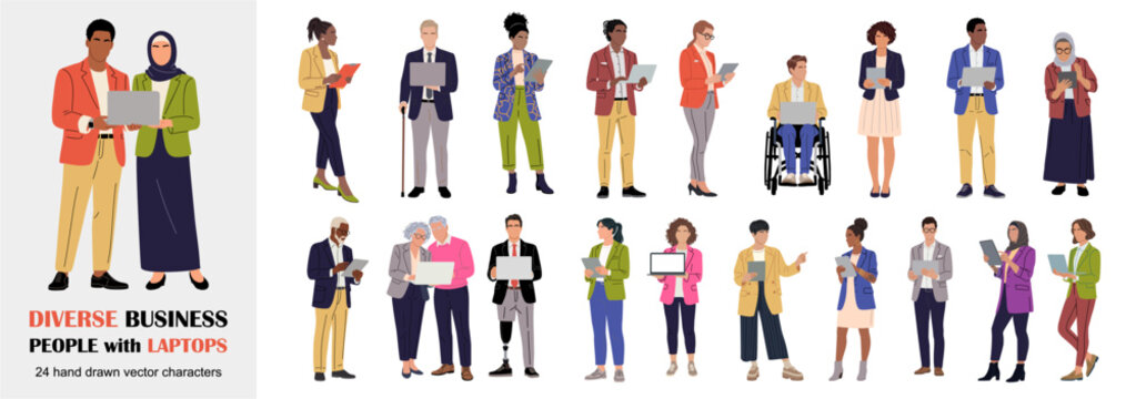 Diverse business people with laptops set. Inclusive professionals of different ages, cultures and abilities using devices. Full body modern characters for corporate, remote work and teamwork concepts.